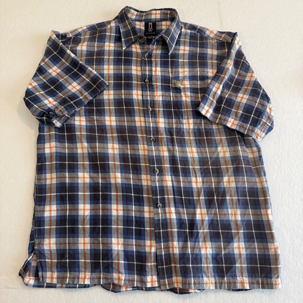 Phat Farm Button Down Shirt Mens XL Blue Orange Plaid Short Sleeve PSH41208